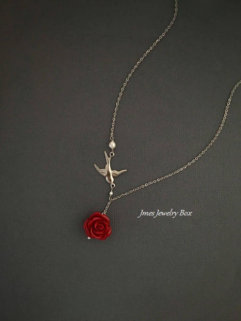 Silver sparrow and red rose lariat style necklace Silver bird Etsy