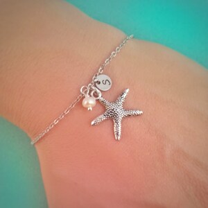 Silver starfish bracelet with freshwater pearl and initial charm , initial bracelet image 2