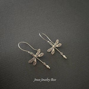 Silver dragonfly earrings with tiny freshwater pearls image 7