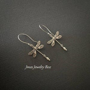 Silver dragonfly earrings with tiny freshwater pearls image 3