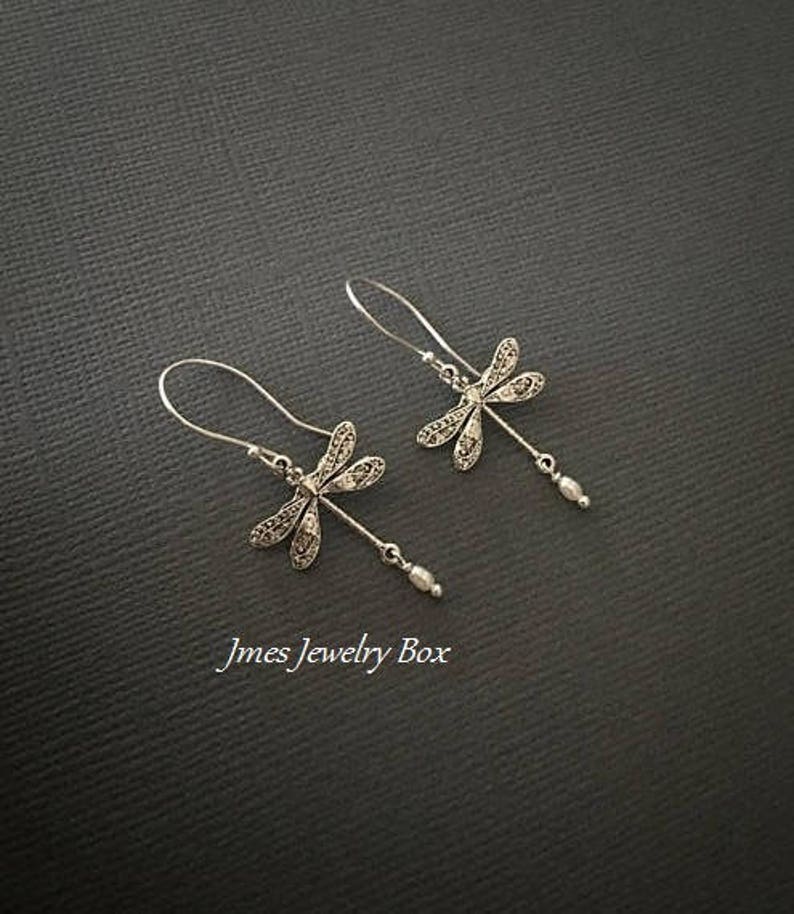 Silver dragonfly earrings with tiny freshwater pearls image 3
