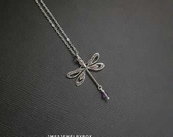 Silver dragonfly necklace with amethyst, Silver dragonfly pendant, Insect necklace, Insect jewelry, Silver dragonfly jewelry