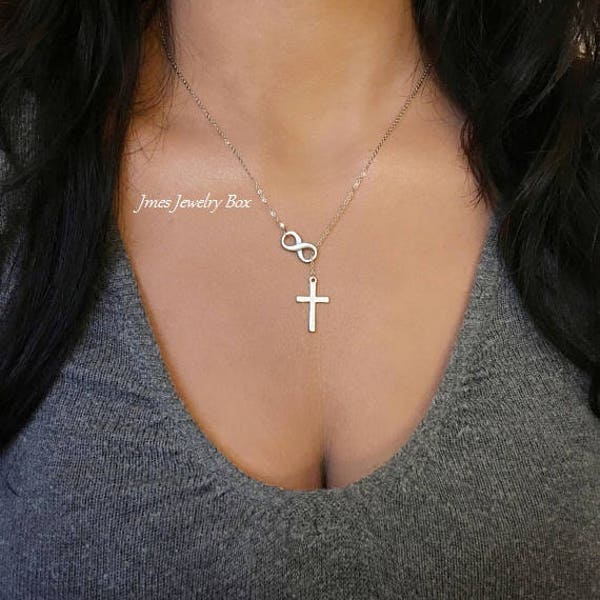 Silver cross and infinity lariat necklace, Infinity cross lariat, Infinity cross necklace, Faith necklace, Infinity and cross necklace