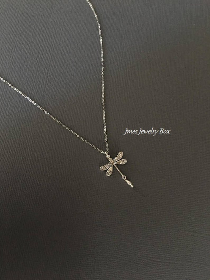 Silver dragonfly necklace with tiny freshwater pearl, Silver insect necklace, Little dragonfly necklace, Silver stacking necklace image 3