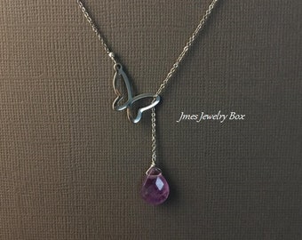 Silver butterfly and ametrine drop lariat necklace, Butterfly necklace, Amethyst necklace, Butterfly lariat necklace