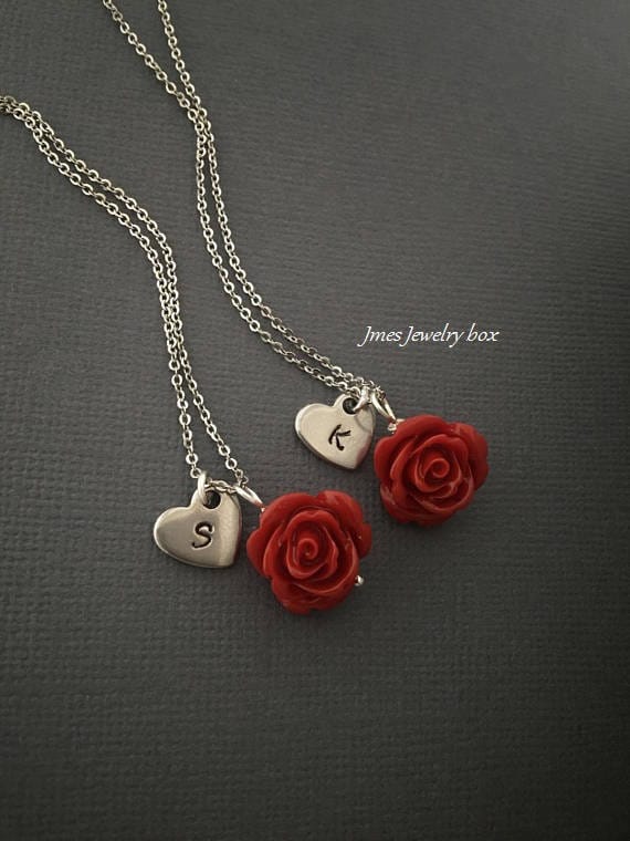 Red Rose Best Friend Necklace Set With Initials Red Rose Etsy