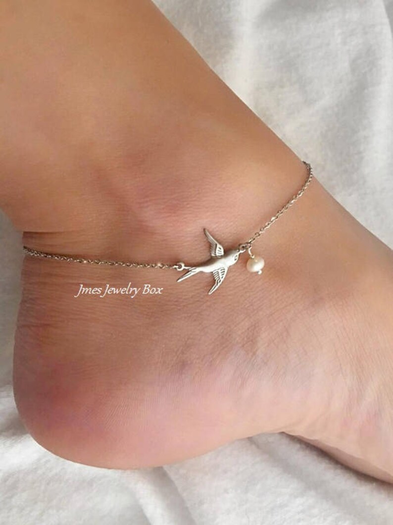 Silver flying bird anklet, Silver sparrow anklet, Silver dove anklet image 2