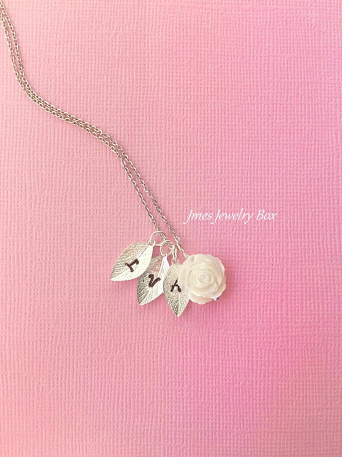 White Shell Rose Necklace With Initial Leaves White Rose - Etsy