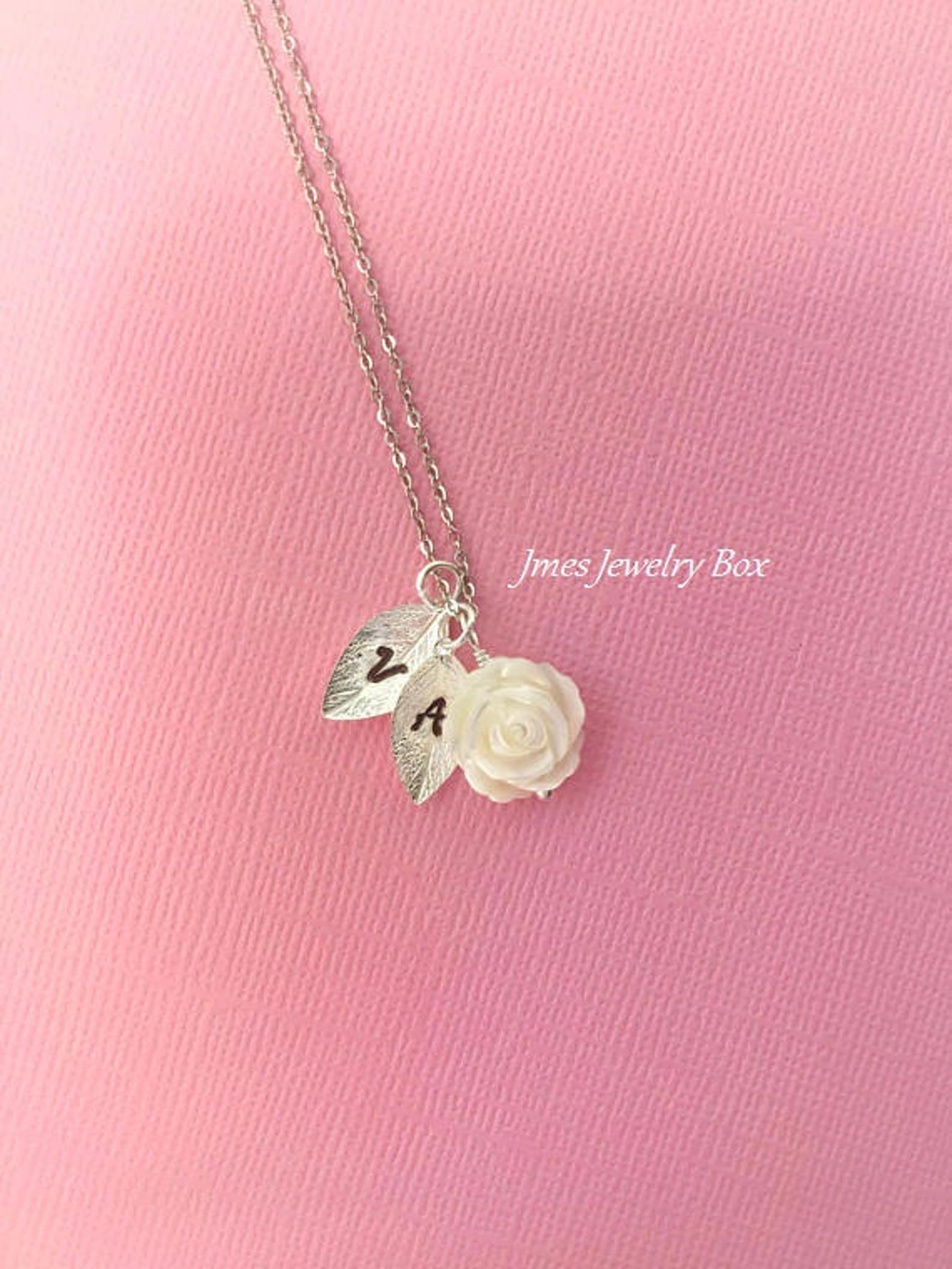 White Shell Rose Necklace With Initial Leaves White Rose - Etsy