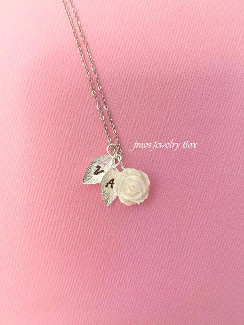 White Shell Rose Necklace With Initial Leaves White Rose - Etsy