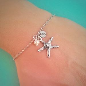 Silver starfish bracelet with freshwater pearl and initial charm , initial bracelet image 1