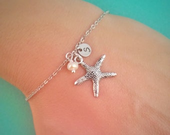 Silver starfish bracelet with freshwater pearl and initial charm , initial bracelet