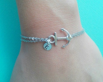 Silver anchor bracelet with initial, Double chain anchor bracelet, Little anchor bracelet with initial, Anchor bracelet silver