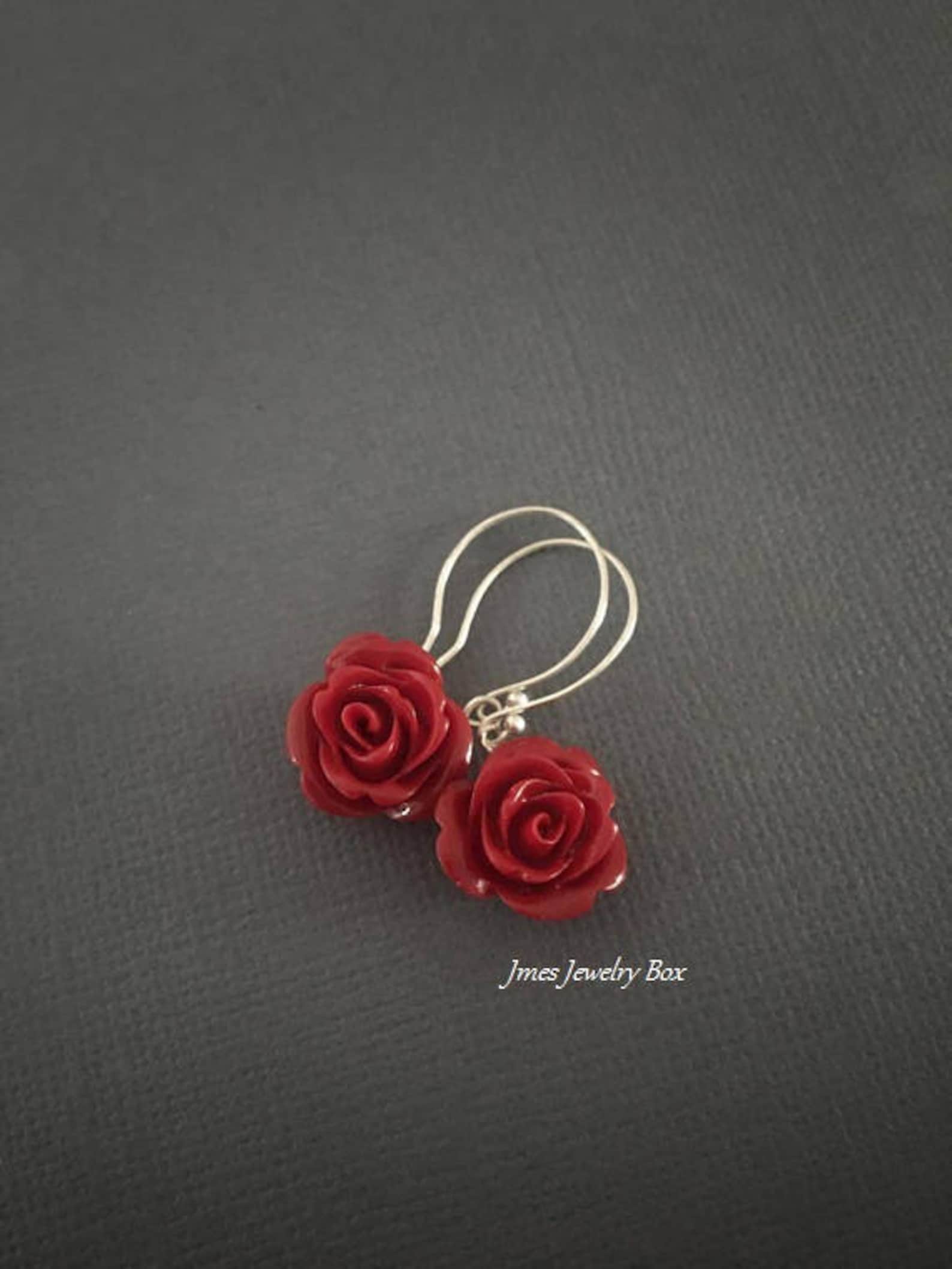 Red Rose Earrings, Rose Earrings, Red Flower Earrings, Beauty and the ...