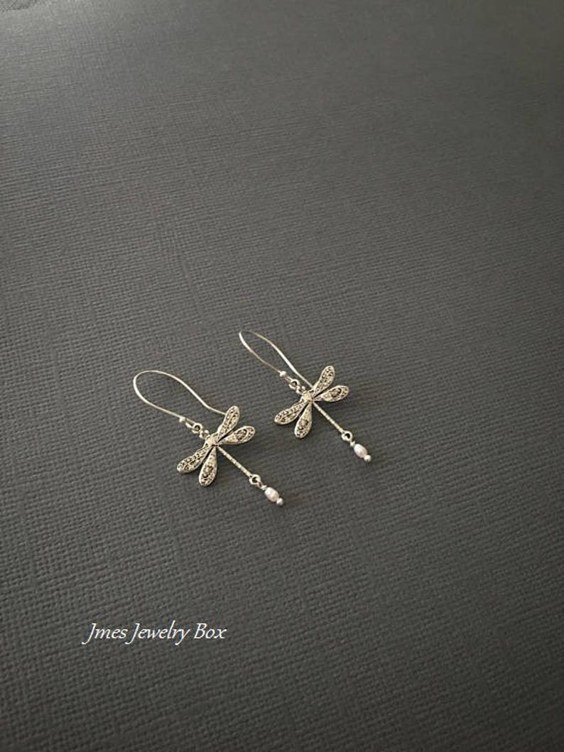 Silver dragonfly earrings with tiny freshwater pearls image 6