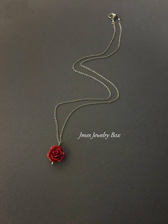 Dark Red Rose Necklace Red Rose Pendant Red Rose Jewelry Etsy