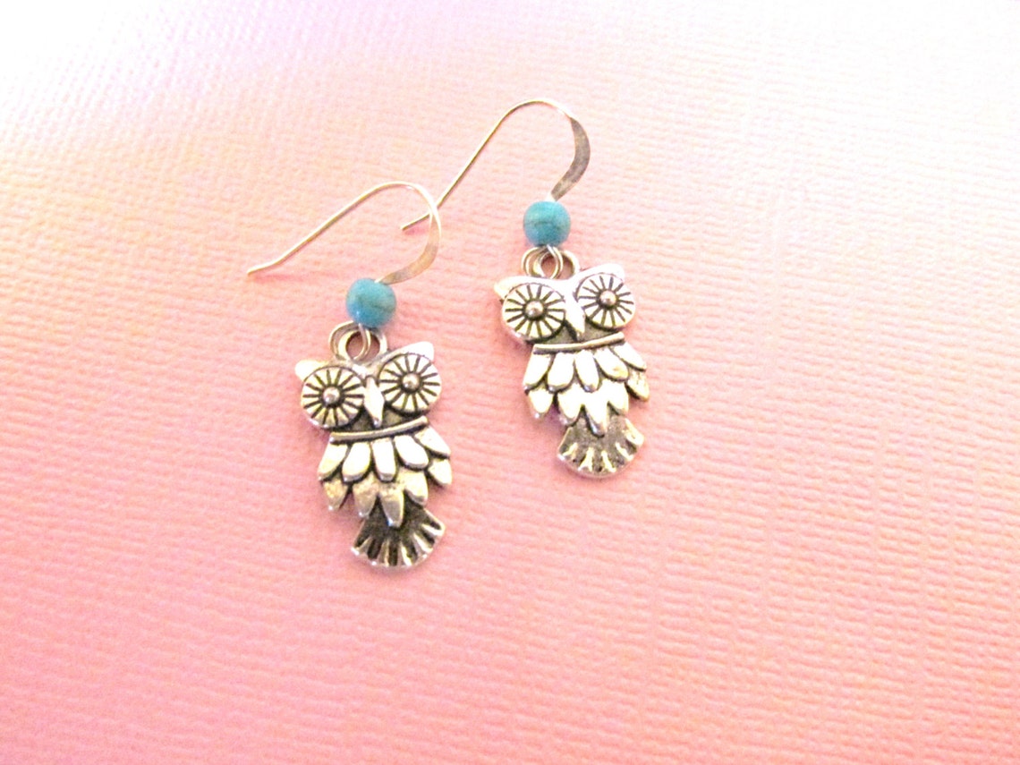 Silver owl earrings with turquoise Little owl earrings Etsy