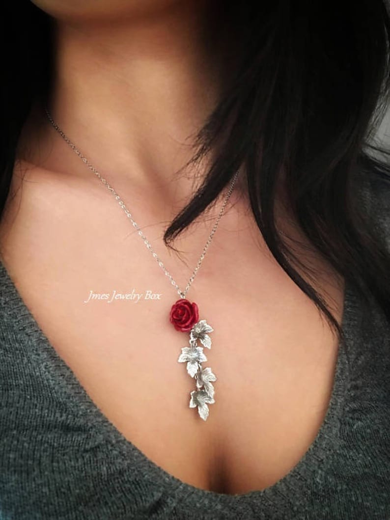 Red Rose Necklace With Cascading Silver Leaves Rose Branch - Etsy