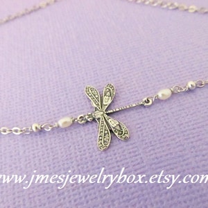 Silver dragonfly bracelet with tiny freshwater pearls, Silver dragonfly jewelry, Little dragonfly bracelet, Insect jewelry