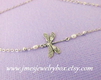 Silver dragonfly bracelet with tiny freshwater pearls, Silver dragonfly jewelry, Little dragonfly bracelet, Insect jewelry