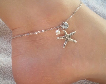 Silver starfish anklet with freshwater pearl and initial, Silver initial anklet, Starfish ankle bracelet, Little starfish anklet