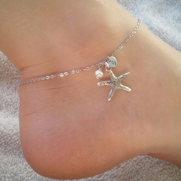 Silver starfish anklet with freshwater pearl and initial, Silver initial anklet, Starfish ankle bracelet, Little starfish anklet