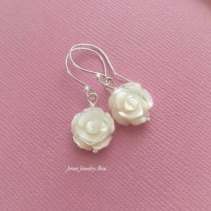 White shell rose earrings, Mother of pearl rose earrings, White rose earrings, White flower earrings