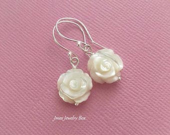 White shell rose earrings, Mother of pearl rose earrings, White rose earrings, White flower earrings