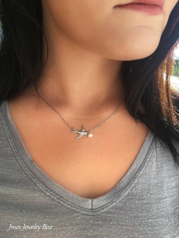 Silver Sparrow Necklace With Freshwater Pearl Silver Bird Necklace Dove Necklace Flying Bird Necklace Silver Bird Jewelry Etsy