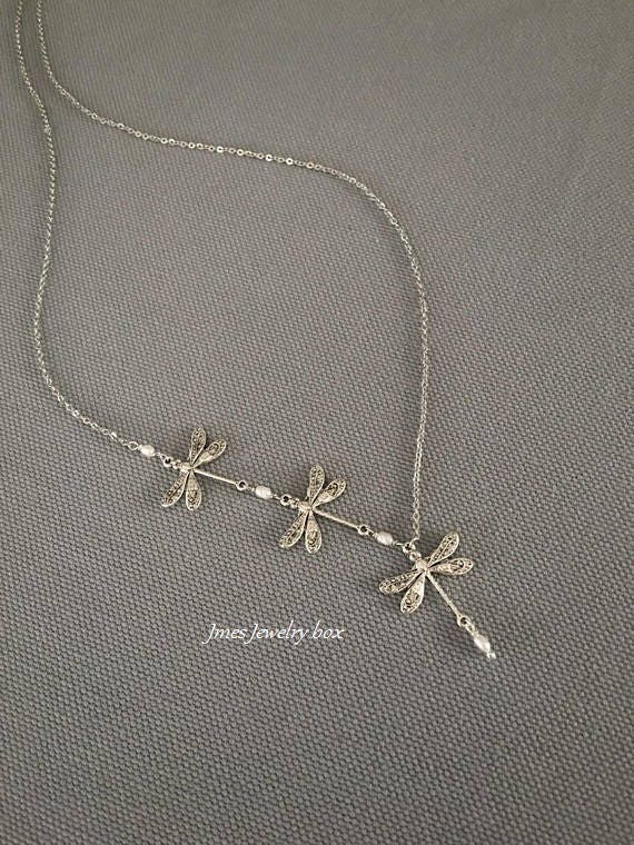 Silver dragonfly necklace with tiny freshwater pearls, Dragonfly trio necklace, Three silver dragonflies, Silver dragonfly necklace