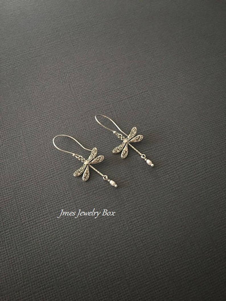 Silver dragonfly earrings with tiny freshwater pearls image 4