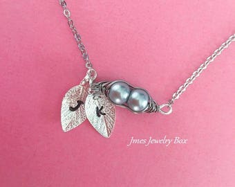 Two peas in a pod necklace with initial leaves, 2 peas in a pod necklace with leaves, Sideways pea pod necklace, Two peas in a pod necklace