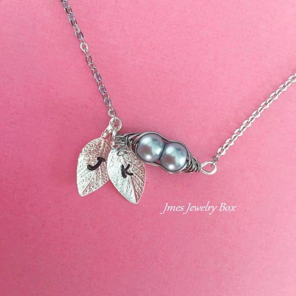 Two peas in a pod necklace with initial leaves, 2 peas in a pod necklace with leaves, Sideways pea pod necklace, Two peas in a pod necklace