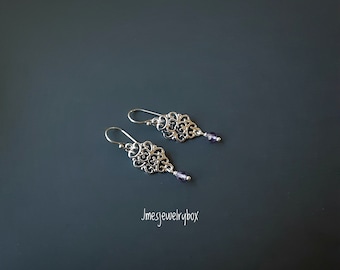 Victorian earrings, Silver floral filigree earrings with amethyst, silver filigree earrings, Silver floral earrings , amethyst earrings