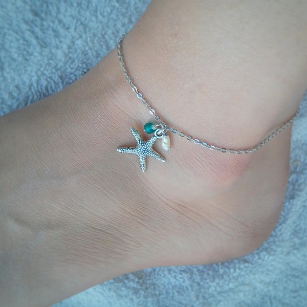 Silver starfish anklet with freshwater pearl, Starfish anklet, Starfish ankle bracelet