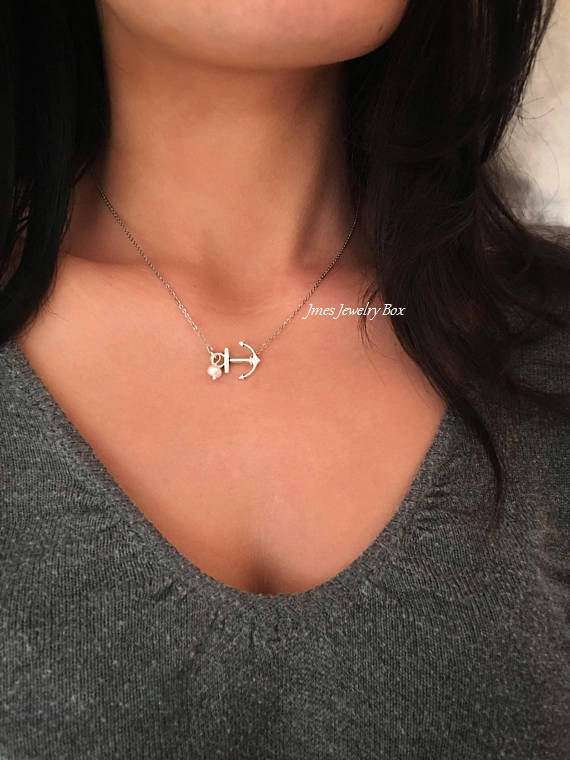 Silver Anchor Necklace With Freshwater Pearl Sideways Anchor Etsy