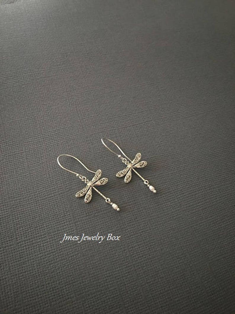 Silver dragonfly earrings with tiny freshwater pearls image 1