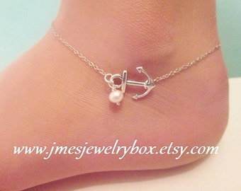 Little anchor anklet with freshwater pearl, Silver anchor anklet, Silver anchor ankle bracelet