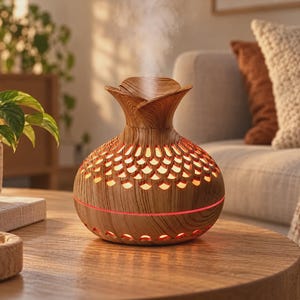 May include: A wood-grain finish essential oil diffuser with a bulbous base and a flared top. The body features a repeating cutout pattern that glows with an internal red light, while a fine mist rises from the center opening.