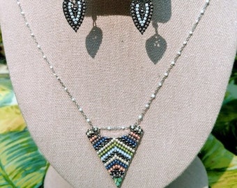 necklace and earring set, beaded jewelry set, triangle pendant, delicate jewelry set, matching jewelry set, beaded chain jewelry