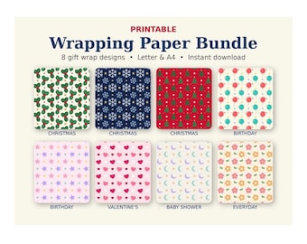 Può includere: Un set di carta da regalo stampabile con 8 design e il testo Printable Wrapping Paper Bundle, 8 gift wrap designs, Letter & A4, Instant download. I motivi includono agrifoglio, fiocchi di neve, alberi, palloncini, stelle, cuori, lune e fiori.