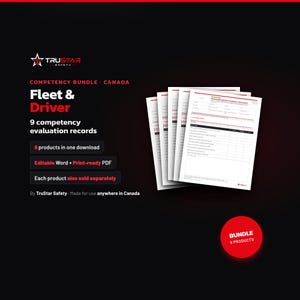 Puede incluir: Un paquete digital de 9 registros de evaluación de competencias Fleet & Driver de TruStar Safety. Los documentos se presentan como archivos Word editables y PDF listos para imprimir, con un diseño blanco sobre fondo oscuro.