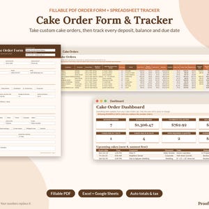 Ausfüllbares PDF-Formular für Tortenbestellungen & benutzerdefinierte Tabellenkalkulation zur Tortenbestellungsverfolgung, Bestellformular für Bäckereien, Excel-Vorlage für Hobbybäcker (Google Sheets)
