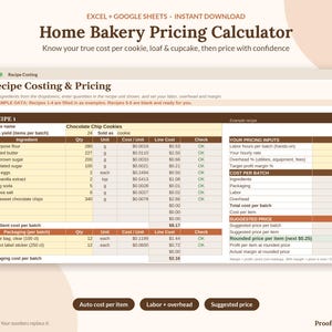 May include: A digital spreadsheet titled Home Bakery Pricing Calculator for Excel and Google Sheets. The interface displays a recipe costing table for chocolate chip cookies, including ingredient quantities, unit costs, and pricing inputs.