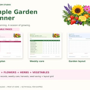 Könnte beinhalten: Ein digitaler Simple Garden Planner mit sechs druckbaren Seiten für Gartenpläne, wöchentliche Pflege und Layouts. Das Design enthält Illustrationen von Sonnenblumen, Erdbeeren, Zitronen und Kräutern sowie Text.