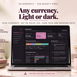 Salon calculator settings for currency, tax and card fees, light and dark mode