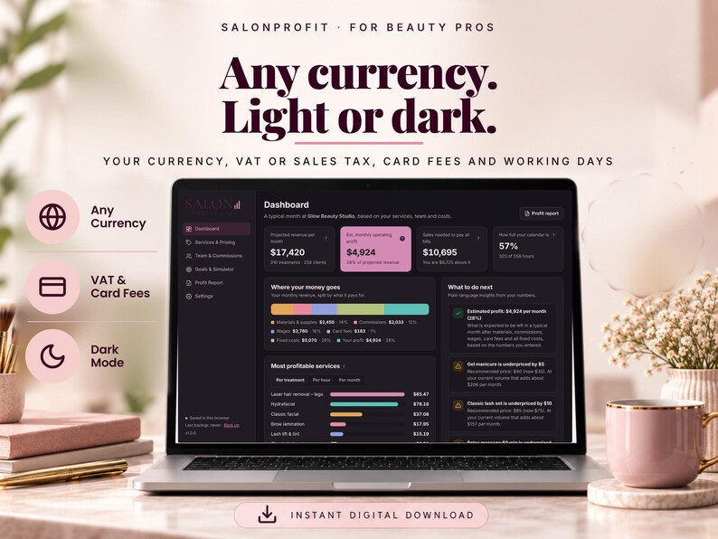 Salon calculator settings for currency, tax and card fees, light and dark mode