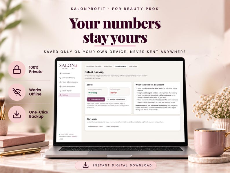 Private offline salon calculator with one-click backup and restore