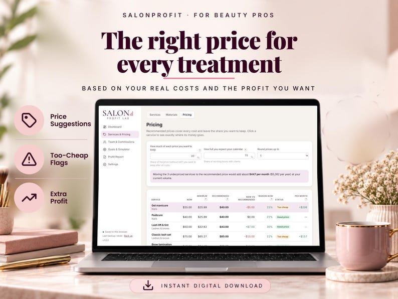 Salon price suggestions table with current, minimum and recommended price per treatment