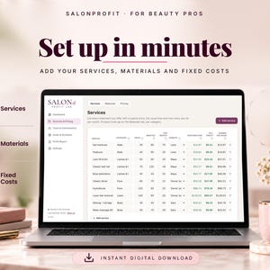 Salon services, materials and fixed costs tables with cost summary chart